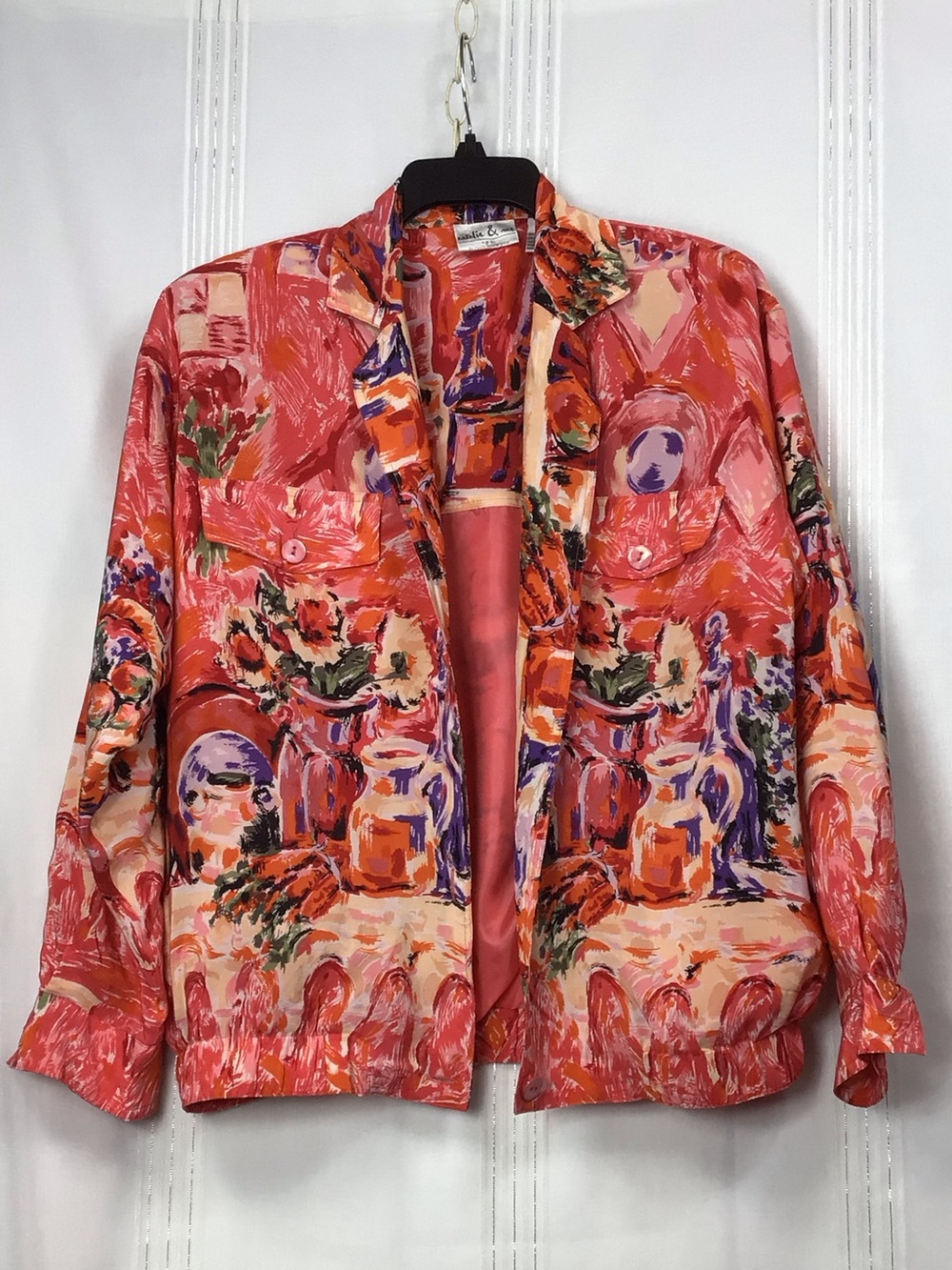 Vintage Natalie & Me Silk Coral Abstract Print Bomber Jacket Sz.S